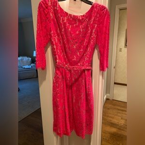 Eliza J Fuschia lace over nude lining cocktail dress. Sheer 3/4 sleeve Size 6